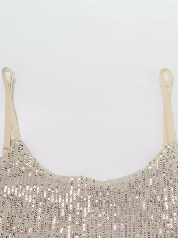 Robe longue nuisette à sequins scintillants pour femme - Robe moulante glamour à fines bretelles - Soirée en boîte de nuit printanière 2026