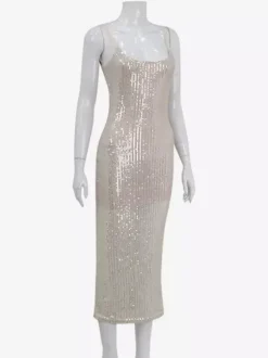 Robe longue nuisette à sequins scintillants pour femme - Robe moulante glamour à fines bretelles - Soirée en boîte de nuit printanière 2026
