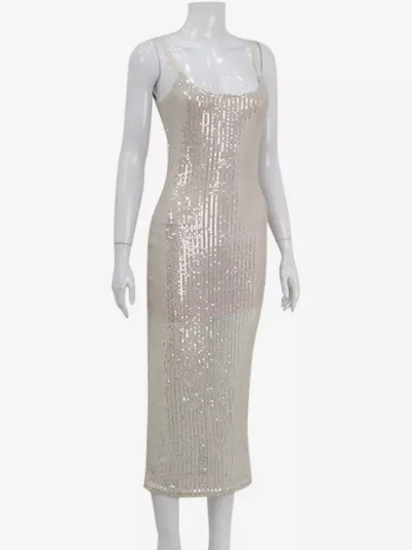 Robe longue nuisette à sequins scintillants pour femme - Robe moulante glamour à fines bretelles - Soirée en boîte de nuit printanière 2026