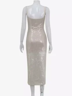 Robe longue nuisette à sequins scintillants pour femme - Robe moulante glamour à fines bretelles - Soirée en boîte de nuit printanière 2026