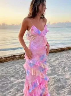 Robe longue nuisette à volants étagés pour femme - Robe d'été sans manches à dos nu et col en V ornée de fleurs - Idéale pour les vacances d'été à la plage 2026