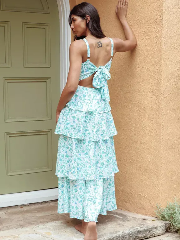 Robe longue nuisette à volants imprimée de fleurs pour femme - Robe d'été bohème à bretelles et à volants - Vacances d'été à la plage 2026