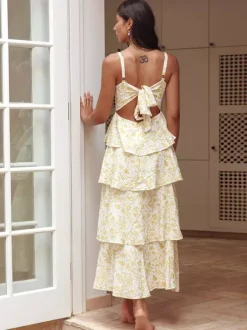 Robe longue nuisette à volants imprimée de fleurs pour femme - Robe d'été bohème à bretelles et à volants - Vacances d'été à la plage 2026