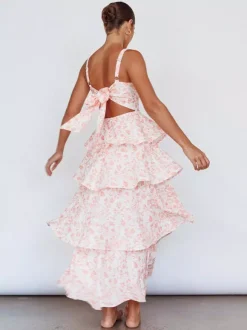 Robe longue nuisette à volants imprimée de fleurs pour femme - Robe d'été bohème à bretelles et à volants - Vacances d'été à la plage 2026