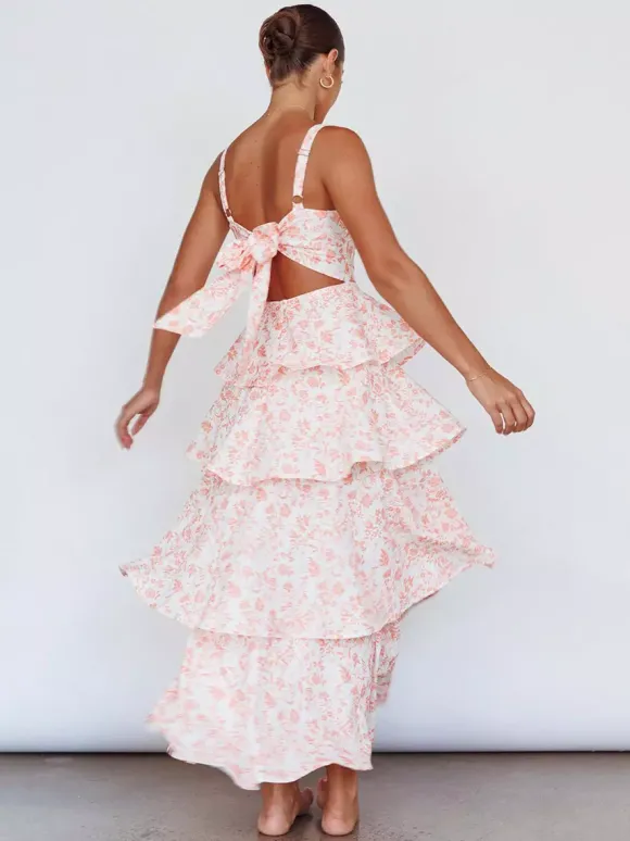 Robe longue nuisette à volants imprimée de fleurs pour femme - Robe d'été bohème à bretelles et à volants - Vacances d'été à la plage 2026