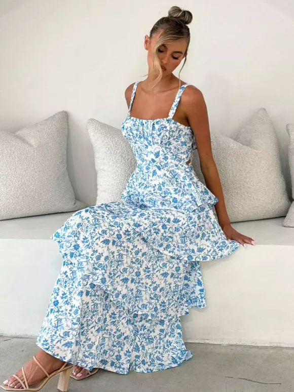 Robe longue nuisette à volants imprimée de fleurs pour femme - Robe d'été bohème à bretelles et à volants - Vacances d'été à la plage 2026