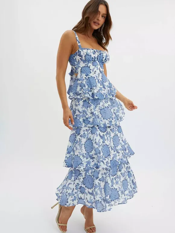 Robe longue nuisette à volants imprimée de fleurs pour femme - Robe d'été bohème à bretelles et à volants - Vacances d'été à la plage 2026