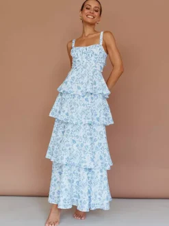Robe longue nuisette à volants imprimée de fleurs pour femme - Robe d'été bohème à bretelles et à volants - Vacances d'été à la plage 2026