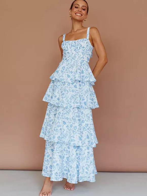 Robe longue nuisette à volants imprimée de fleurs pour femme - Robe d'été bohème à bretelles et à volants - Vacances d'été à la plage 2026
