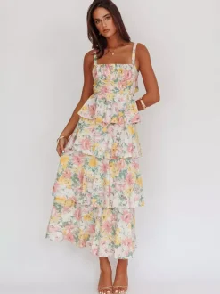 Robe longue nuisette à volants imprimée de fleurs pour femme - Robe d'été bohème à bretelles et à volants - Vacances d'été à la plage 2026