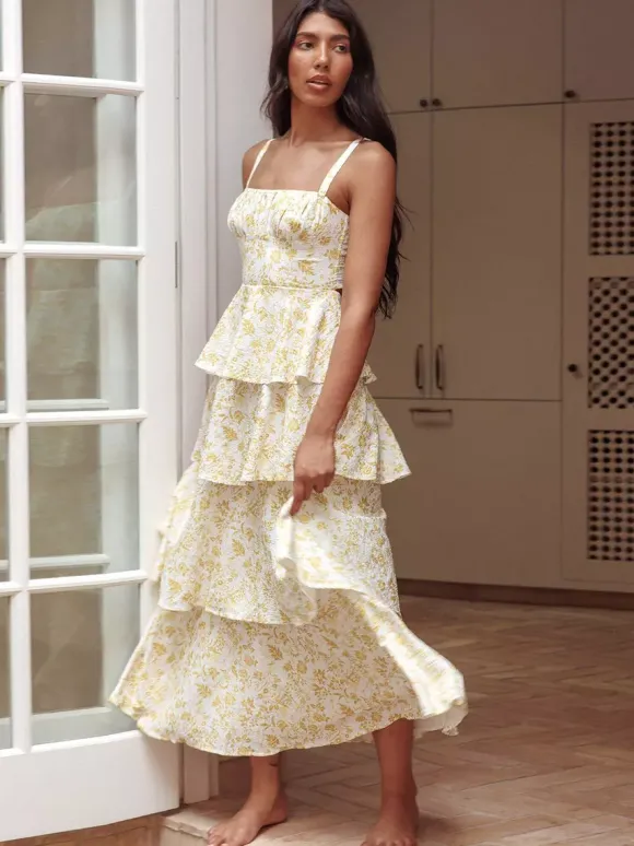 Robe longue nuisette à volants imprimée de fleurs pour femme - Robe d'été bohème à bretelles et à volants - Vacances d'été à la plage 2026