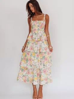 Robe longue nuisette à volants imprimée de fleurs pour femme - Robe d'été bohème à bretelles et à volants - Vacances d'été à la plage 2026
