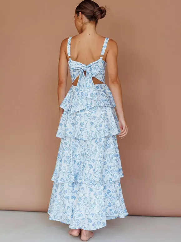 Robe longue nuisette à volants imprimée de fleurs pour femme - Robe d'été bohème à bretelles et à volants - Vacances d'été à la plage 2026