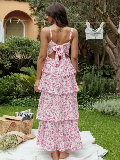 Robe longue nuisette à volants imprimée de fleurs pour femme - Robe d'été bohème à bretelles et à volants - Vacances d'été à la plage 2026