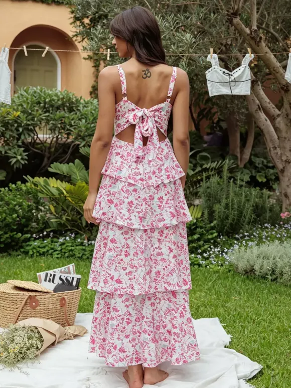 Robe longue nuisette à volants imprimée de fleurs pour femme - Robe d'été bohème à bretelles et à volants - Vacances d'été à la plage 2026