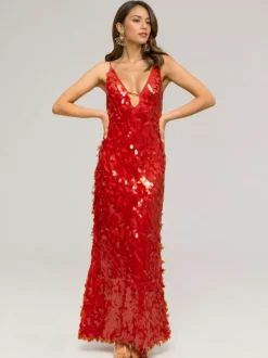 Robe longue à paillettes en rouge décolleté en V profond bretelles spaghetti robe longue de soirée formelle sexy pour femmes 2026
