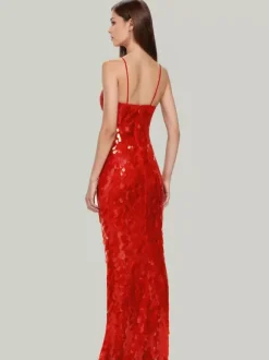 Robe longue à paillettes en rouge décolleté en V profond bretelles spaghetti robe longue de soirée formelle sexy pour femmes 2026