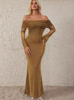 Robe longue à paillettes épaules dénudées pour femme - Robe sirène à manches longues en maille scintillante - Tenues de soirée de gala printanières 2026
