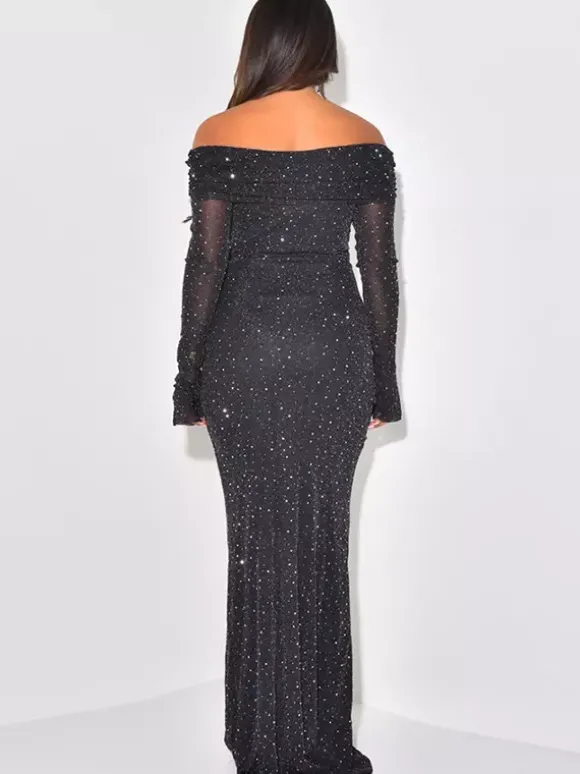 Robe longue à paillettes épaules dénudées pour femme - Robe sirène à manches longues en maille scintillante - Tenues de soirée de gala printanières 2026