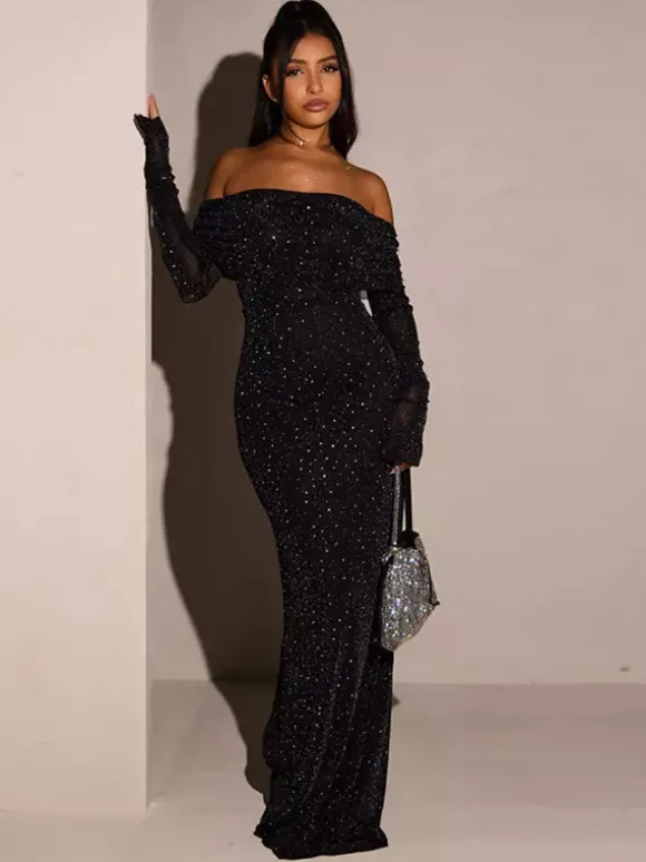Robe longue à paillettes épaules dénudées pour femme - Robe sirène à manches longues en maille scintillante - Tenues de soirée de gala printanières 2026