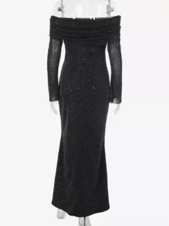 Robe longue à paillettes épaules dénudées pour femme - Robe sirène à manches longues en maille scintillante - Tenues de soirée de gala printanières 2026