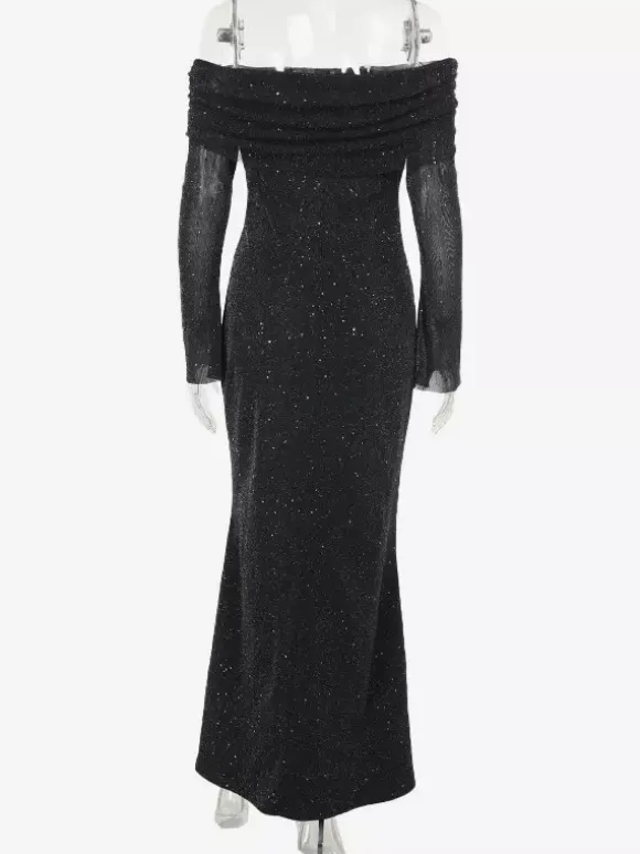 Robe longue à paillettes épaules dénudées pour femme - Robe sirène à manches longues en maille scintillante - Tenues de soirée de gala printanières 2026