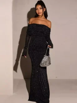 Robe longue à paillettes épaules dénudées pour femme - Robe sirène à manches longues en maille scintillante - Tenues de soirée de gala printanières 2026