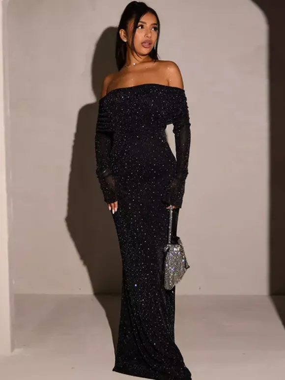 Robe longue à paillettes épaules dénudées pour femme - Robe sirène à manches longues en maille scintillante - Tenues de soirée de gala printanières 2026