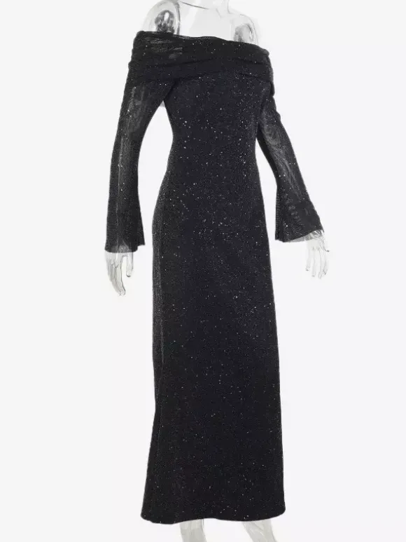 Robe longue à paillettes épaules dénudées pour femme - Robe sirène à manches longues en maille scintillante - Tenues de soirée de gala printanières 2026