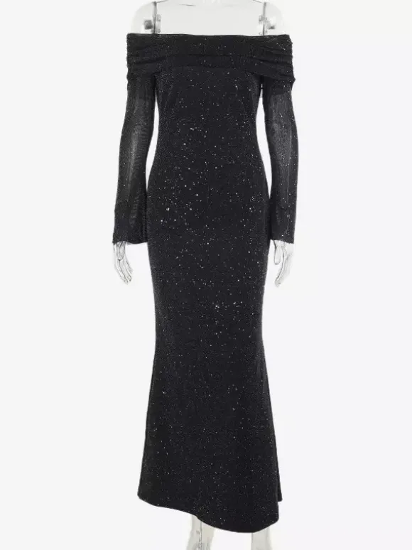 Robe longue à paillettes épaules dénudées pour femme - Robe sirène à manches longues en maille scintillante - Tenues de soirée de gala printanières 2026