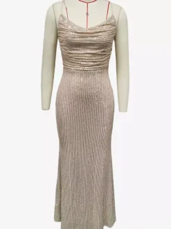 Robe longue à paillettes scintillantes en champagne à lacets à bretelles spaghetti froncées robe de soirée pour femmes 2026