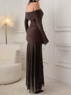Robe longue épaules dénudées pour femme - Marron élégante à manches en résille transparente froncée - Tenue de soirée printemps 2026