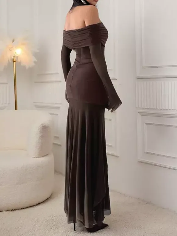 Robe longue épaules dénudées pour femme - Marron élégante à manches en résille transparente froncée - Tenue de soirée printemps 2026