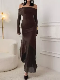 Robe longue épaules dénudées pour femme - Marron élégante à manches en résille transparente froncée - Tenue de soirée printemps 2026