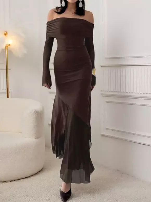 Robe longue épaules dénudées pour femme - Marron élégante à manches en résille transparente froncée - Tenue de soirée printemps 2026