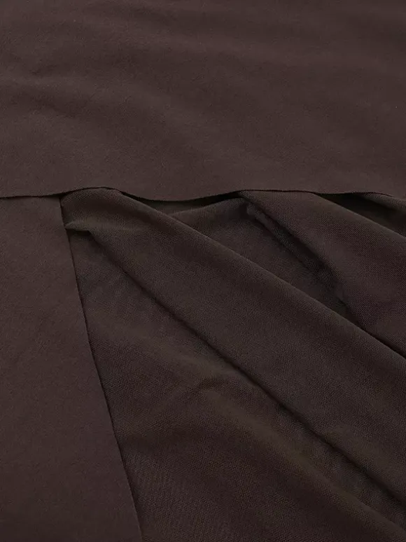Robe longue épaules dénudées pour femme - Marron élégante à manches en résille transparente froncée - Tenue de soirée printemps 2026