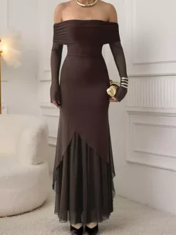 Robe longue épaules dénudées pour femme - Marron élégante à manches en résille transparente froncée - Tenue de soirée printemps 2026