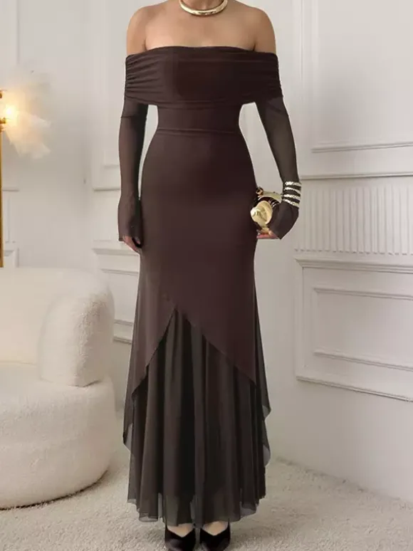 Robe longue épaules dénudées pour femme - Marron élégante à manches en résille transparente froncée - Tenue de soirée printemps 2026