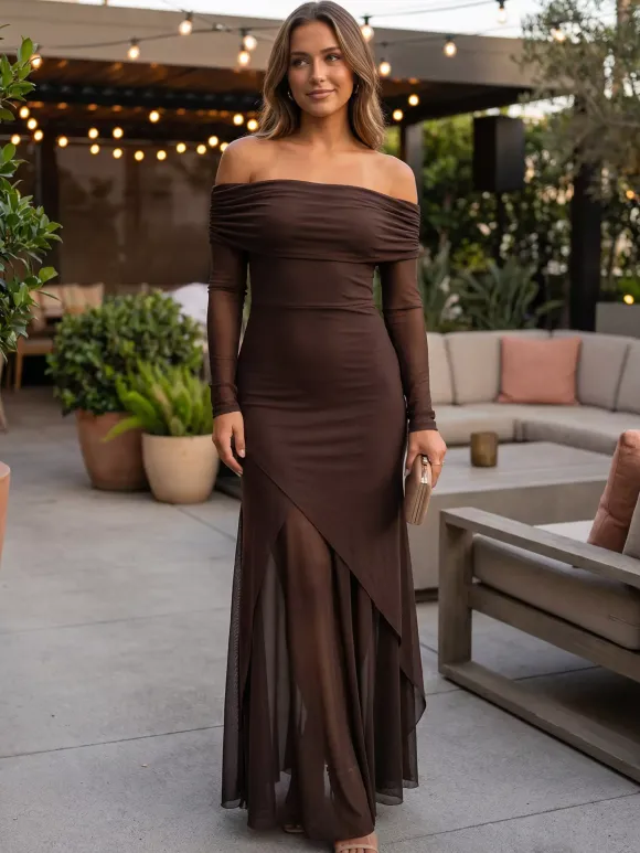 Robe longue épaules dénudées pour femme - Marron élégante à manches en résille transparente froncée - Tenue de soirée printemps 2026