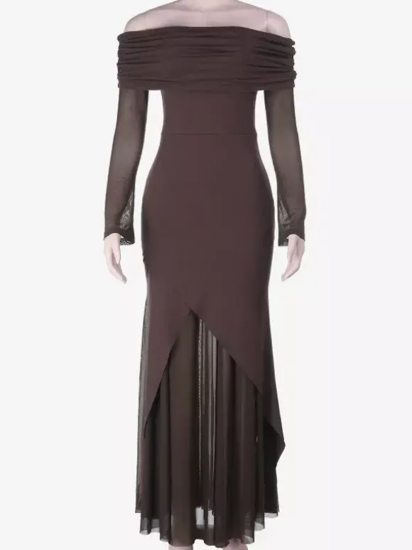 Robe longue épaules dénudées pour femme - Marron élégante à manches en résille transparente froncée - Tenue de soirée printemps 2026