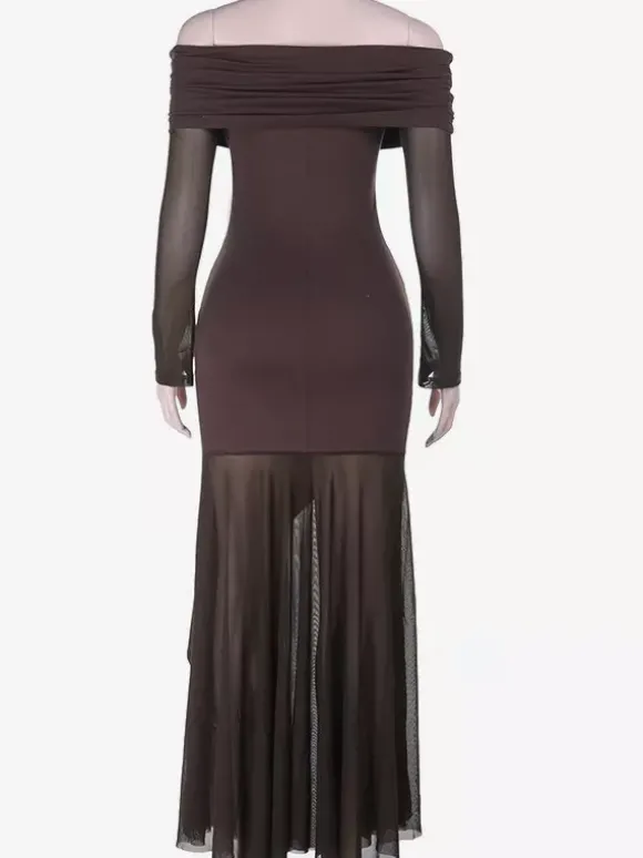 Robe longue épaules dénudées pour femme - Marron élégante à manches en résille transparente froncée - Tenue de soirée printemps 2026