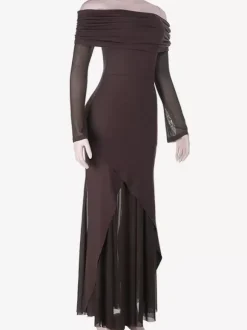 Robe longue épaules dénudées pour femme - Marron élégante à manches en résille transparente froncée - Tenue de soirée printemps 2026