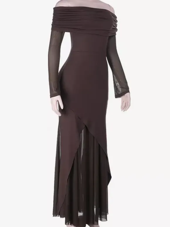 Robe longue épaules dénudées pour femme - Marron élégante à manches en résille transparente froncée - Tenue de soirée printemps 2026