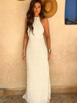Robe longue plissée dos nu à col halter pour femme - Robe d'été bohème à volants sans manches et froncée dans le dos - Idéale pour la plage - Événement estival 2026