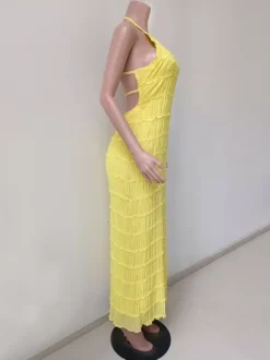 Robe longue plissée dos nu à col halter pour femme - Robe d'été bohème à volants sans manches et froncée dans le dos - Idéale pour la plage - Événement estival 2026
