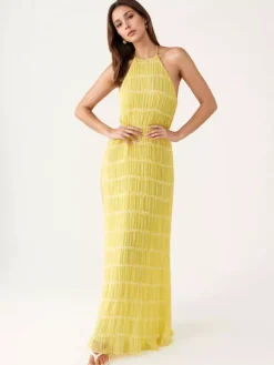 Robe longue plissée dos nu à col halter pour femme - Robe d'été bohème à volants sans manches et froncée dans le dos - Idéale pour la plage - Événement estival 2026