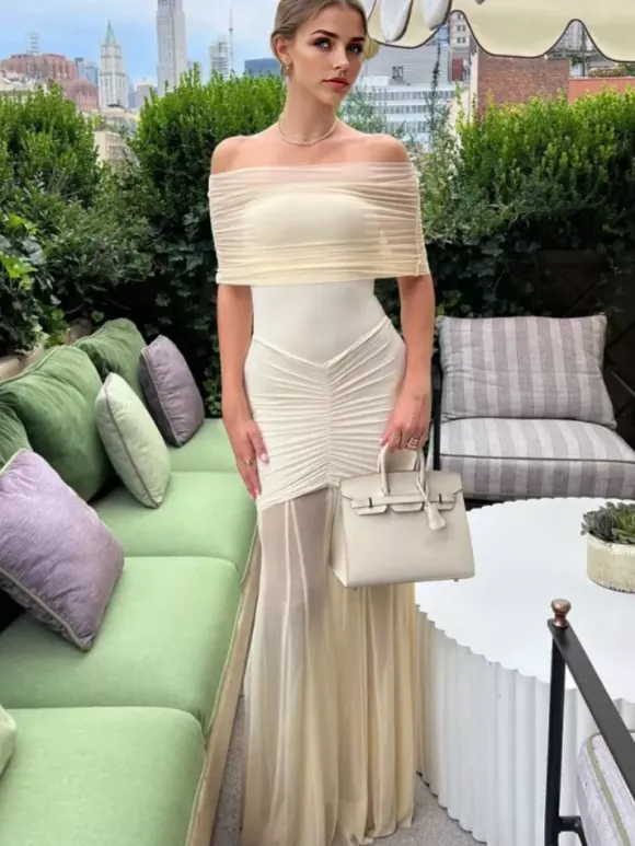 Robe longue plissée à épaules dénudées robe de soirée semi-formelle transparente pour femmes 2026