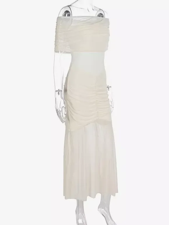 Robe longue plissée à épaules dénudées robe de soirée semi-formelle transparente pour femmes 2026