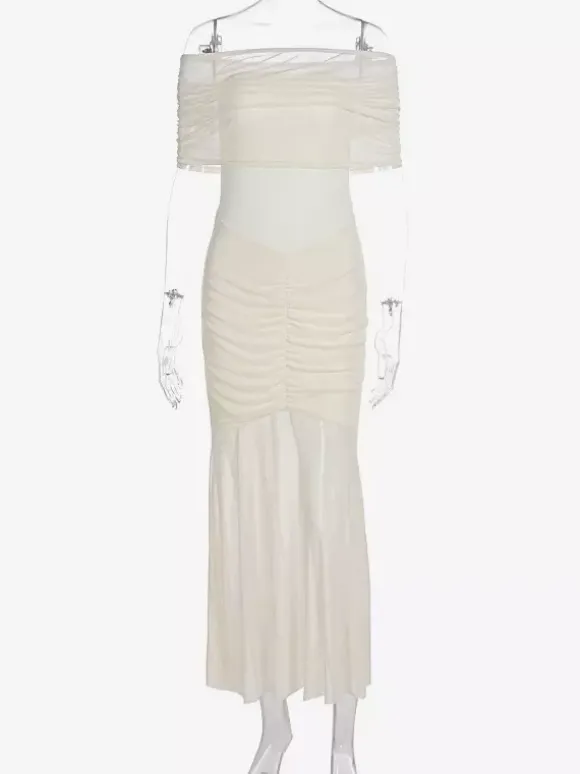 Robe longue plissée à épaules dénudées robe de soirée semi-formelle transparente pour femmes 2026