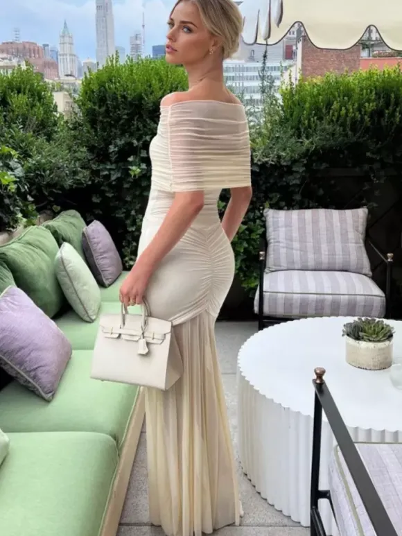 Robe longue plissée à épaules dénudées robe de soirée semi-formelle transparente pour femmes 2026
